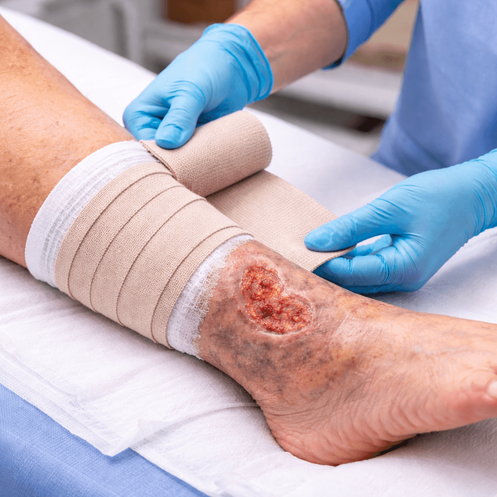 Compression bandage being applied to a venous ulcer on the lower leg. 